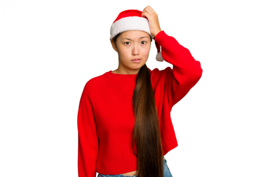Young asian woman celebrating Christmas isolated on green chroma background being shocked, she has remembered important meeting.
