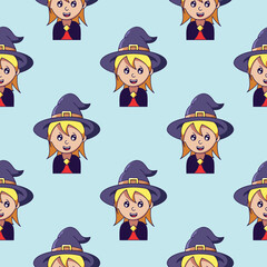 Halloween concept. Vector seamless pattern of witch  on light blue background. Suitable for postcards, fabric, textile, wrappers, wallpapers
