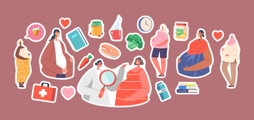 Set of Stickers Multinational Women Pregnancy and Motherhood. Diverse Pregnant Mothers with Big Belly, Female Characters