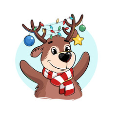 Christmas deer, cute cartoon fawn with light garland and christmas toys on his horns