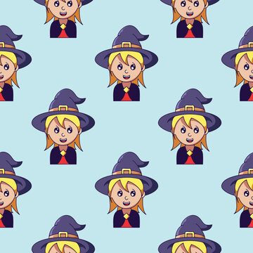 Halloween concept. Vector seamless pattern of witch  on light blue background. Suitable for postcards, fabric, textile, wrappers, wallpapers
