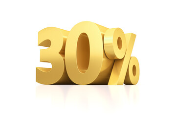 Golden thirty percent on a white mirror surface. 3d render illustration for advertising.