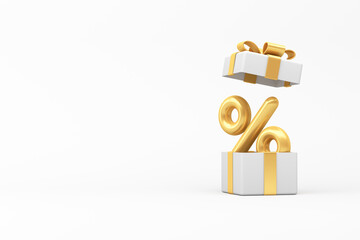 Gift box with gold percentage on a white background. 3d render illustration.