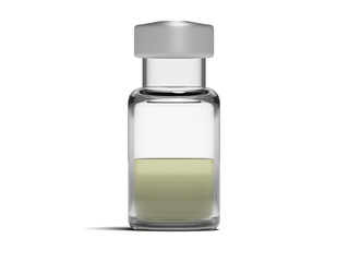 Frontal view of a vial with a light yellow liquid vaccine. Isolated. No label. Transparent...