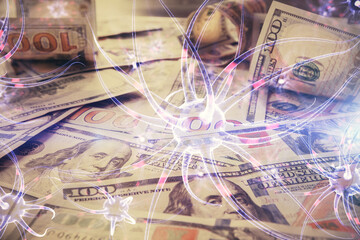 Double exposure of neuron drawing over usa dollars bill background. Concept of medical education research.