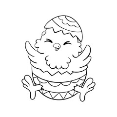 Cute chick in an easter egg. Coloring book page for kids. Cartoon style character. Vector illustration isolated on white background.