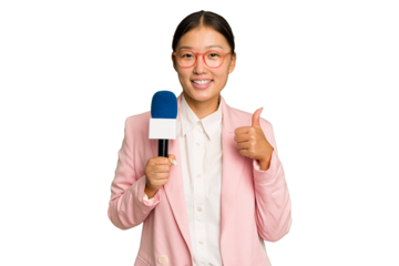 Young TV Asian presenter isolated on green chroma background smiling and raising thumb up