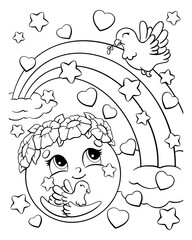 Coloring book page for kids. Earth and dove. Cartoon style character. Vector illustration isolated on white background.