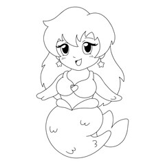 Beautiful plump little mermaid. Coloring book page for kids. Cartoon style character. Vector illustration isolated on white background.