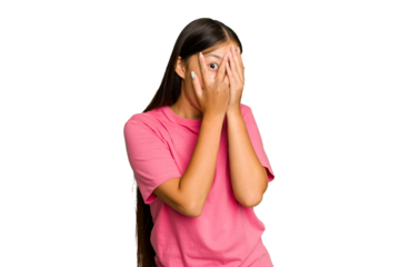 Young Asian woman isolated on green chroma background blink through fingers frightened and nervous.