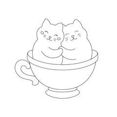 Enamored cats in a cup. Coloring book page for kids. Cartoon style character. Vector illustration isolated on white background.