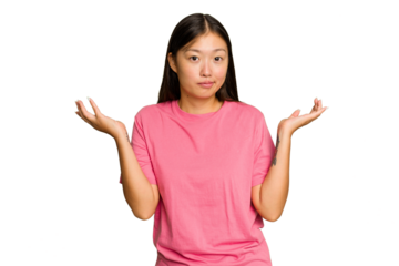 Young Asian woman isolated on green chroma background doubting and shrugging shoulders in questioning gesture.