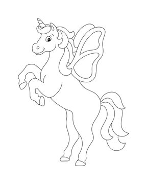 Beautiful unicorn with wings reared up. Coloring book page for kids. Cartoon style character. Vector illustration isolated on white background.