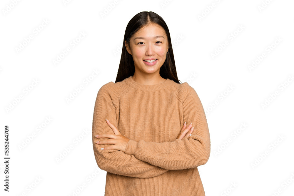 Wall mural young asian woman isolated on green chroma background who feels confident, crossing arms with determ