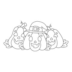 Happy pumpkins. Coloring book page for kids. Halloween theme. Cartoon style character. Vector illustration isolated on white background.