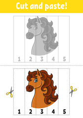 Learning numbers 1-5. Horse animal. Cut and glue. Coon character. Education developing worksheet. Game for kids. Activity page. Color isolated vector illustration.