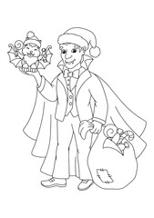 Count Dracula with Christmas gifts. Coloring book page for kids. Cartoon style character. Vector illustration isolated on white background.
