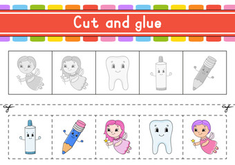 Cut and play. Paper game with glue. Flash cards. Education worksheet. Activity page. Scissors practice. Isolated vector illustration. cartoon style.