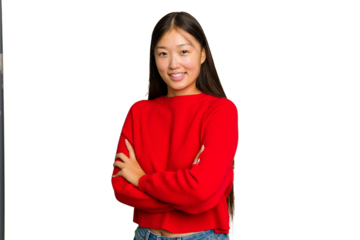 Young Asian woman isolated on green chroma background happy, smiling and cheerful.