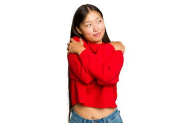 Young Asian woman isolated on green chroma background hugs, smiling carefree and happy.