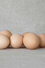 group of chicken eggs on a gray background with copy space
