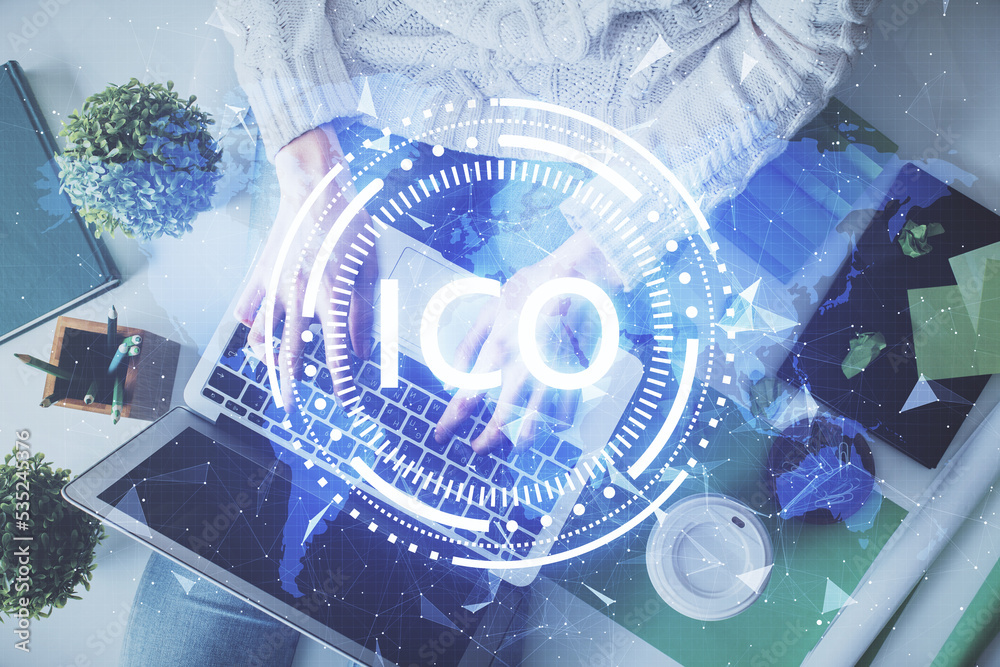 Poster double exposure of woman hands working on computer and blockchain theme hologram drawing. top view. 