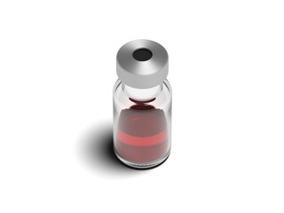 Isometric view of a vial with a red liquid vaccine. Isolated. No label. Transparent background for...