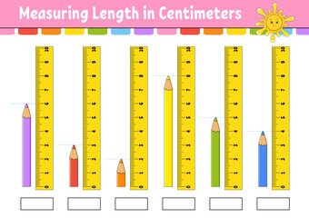 Measuring length in centimeter with ruler. Education developing worksheet. Game for kids. Color activity page. Puzzle for children. Cute character. Vector illustration. cartoon style. - obrazy, fototapety, plakaty