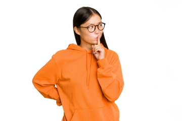 Young Asian woman isolated on green chroma background keeping a secret or asking for silence.