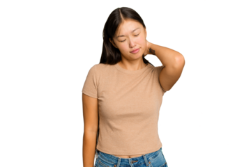 Young Asian woman isolated on green chroma background having a neck pain due to stress, massaging and touching it with hand.
