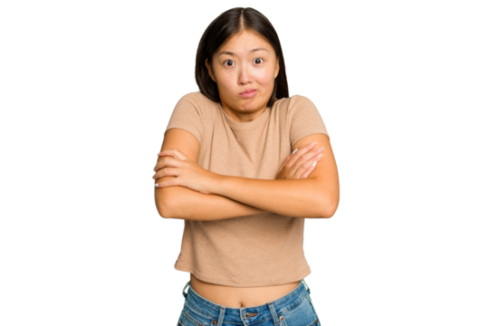 Young Asian woman isolated on green chroma background shrugs shoulders and open eyes confused.