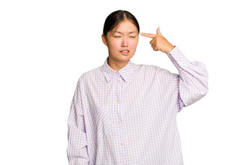 Young Asian woman isolated on green chroma background covering ears with hands.