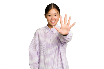 Young Asian woman isolated on green chroma background smiling cheerful showing number five with fingers.