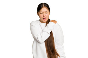 Young Asian woman isolated on green chroma background having a shoulder pain.