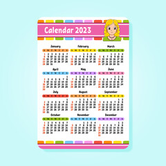 Calendar for 2023 with a cute character. Fun and bright design. Isolated color vector illustration. Pocket size. cartoon style.