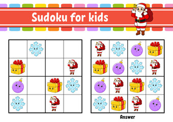 Sudoku for kids. Education developing worksheet. cartoon character. Color activity page. Puzzle game for children. Logical thinking training. Vector illustration.