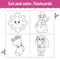 Cut and color. Flashcard Set. Coloring book for kids. Cute cartoon character. Black contour silhouette. Christmas theme. Isolated on white background.
