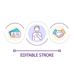 Handing out business card loop concept icon. Share personal contacts. Introduction. Visiting card abstract idea thin line illustration. Isolated outline drawing. Editable stroke. Arial font used