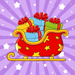 Cute cartoon sleigh. Colorful vector illustration. Isolated on color background. Template for your design. Christmas theme.