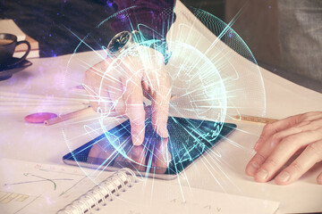 Double exposure of man's hands holding and using a phone and international business theme drawing.