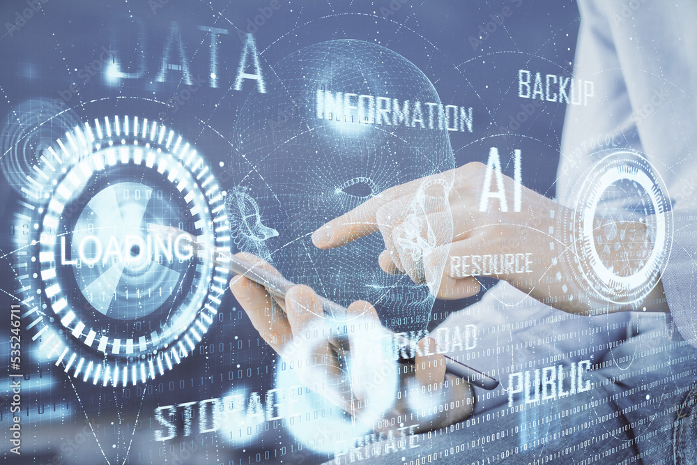 Poster Multi exposure of man's hand holding and using a digital device and data theme drawing. Innovation concept.