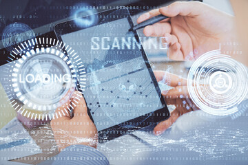 Multi exposure of man's hands holding and using a digital device and data theme drawing. Innovation...