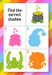 Find the correct shadow. Education developing worksheet for kids. Puzzle game. Activity page. cartoon character. Vector illustration. St. Patrick's day.