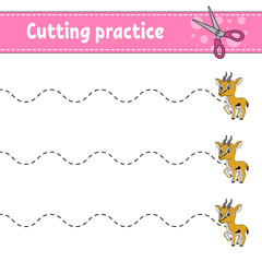 Cutting practice for kids. Education developing worksheet. Activity page. Color game for children. Isolated vector illustration. cartoon character.