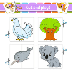 Cut and play. Flash cards. Color puzzle. Education developing worksheet. Activity page. Game for children. cartoon style. Funny character. Vector illustration.