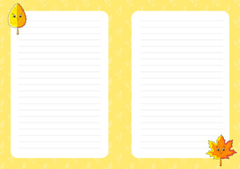 Colored sheet template for notes. Paper page for journal, notebook, diary, letters, schedule, organizer. Cute cartoon character. Lined sheet. Vector illustration.