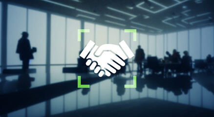 Group of people in the office and handshake icon.