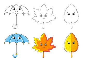 Set of color stickers for kids. cartoon characters. Black stroke. Isolated on white background. Vector illustration.