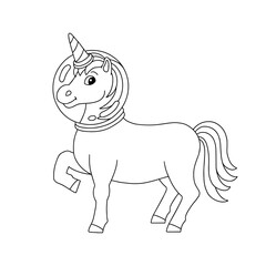Magic fairy unicorn. Cute horse. Coloring book page for kids. Cartoon style character. Vector illustration isolated on white background.