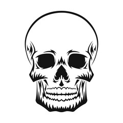 Human skull. Black silhouette. Design element. Hand drawn sketch. Vintage style. Vector illustration isolated on white background.